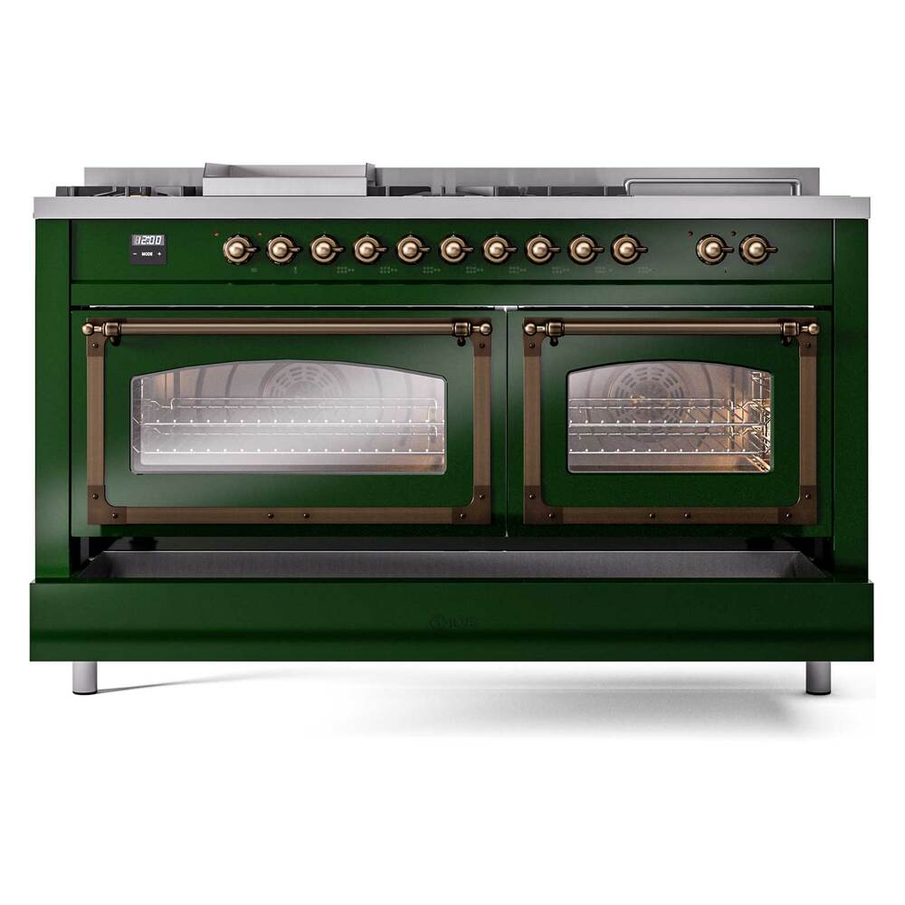 Ilve UN60FSNMPEGBLP Ilve Un60Fsnmpegblp Nostalgie Ii Noblesse 60" Dual Fuel Range (7 Sealed Burners + Griddle + French Top, Liquid Propane, Triple Glass Door, Emerald Green, Burnished)