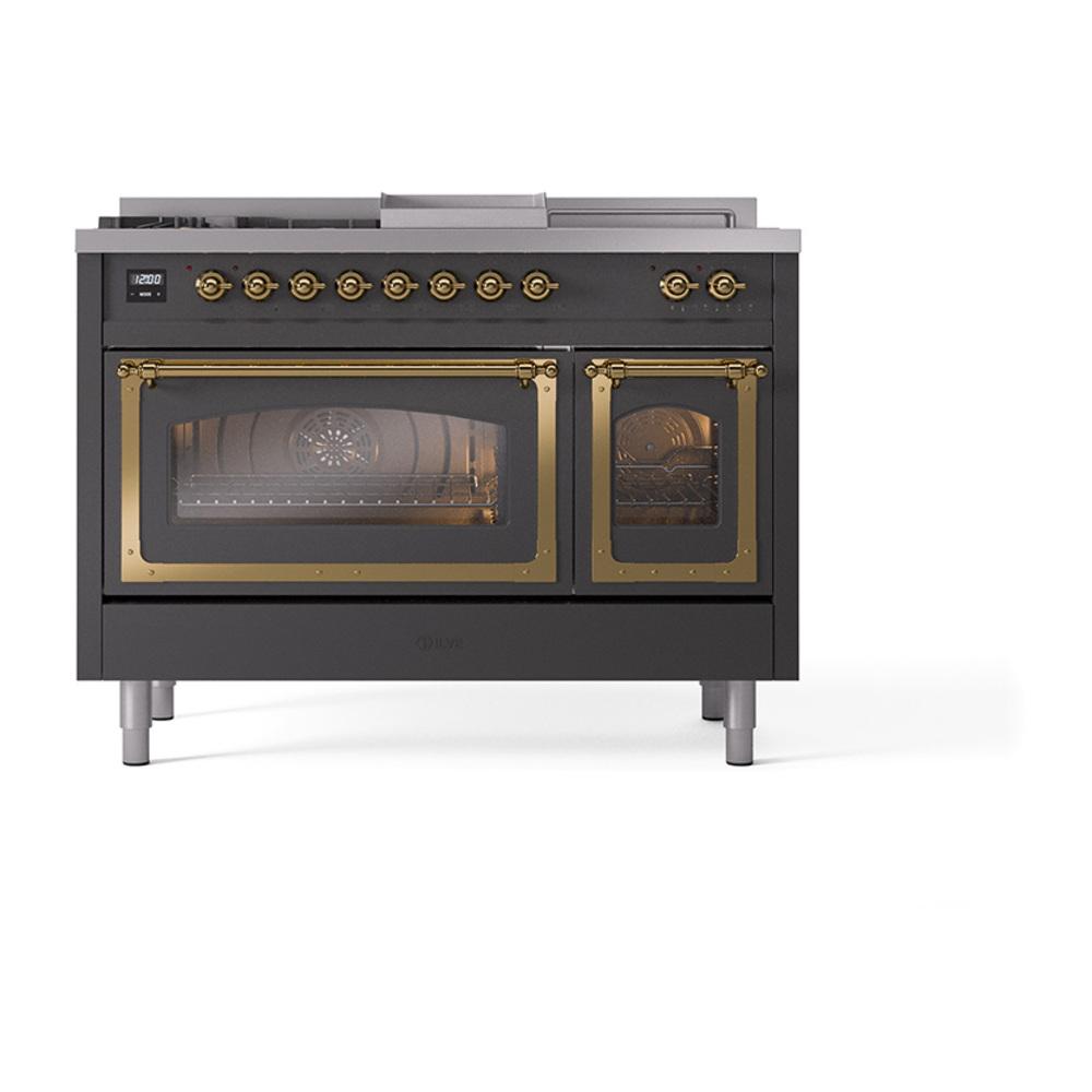 Ilve UN48FSNMPMGGLP Ilve Un48Fsnmpmgglp Nostalgie Ii Noblesse 48" Dual Fuel Range (5 Sealed Burners + Griddle + French Top, Liquid Propane, Triple Glass Door, Graphite Matte, Brass)