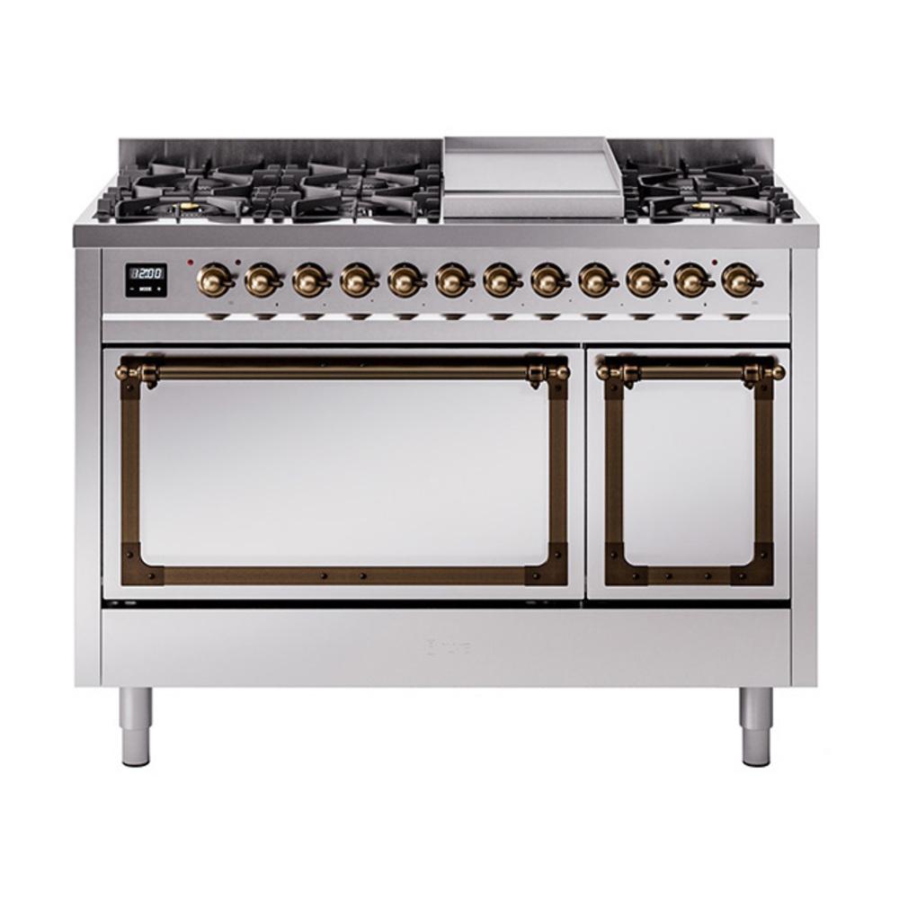 Ilve UN48FQNMPSSB Ilve Un48Fqnmpssb Nostalgie Ii Noblesse 48" Dual Fuel Range (8 Sealed Burners + Griddle, Natural Gas, Solid Door, Stainless Steel, Burnished)