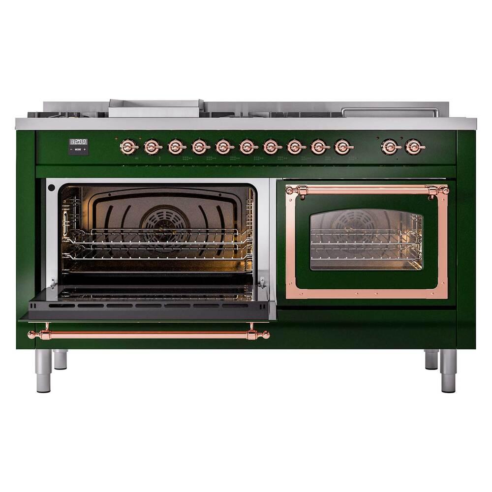 Ilve UN60FSNMPEGP Ilve Un60Fsnmpegp Nostalgie Ii Noblesse 60" Dual Fuel Range (7 Sealed Burners + Griddle + French Top, Natural Gas, Triple Glass Door, Emerald Green, Copper)