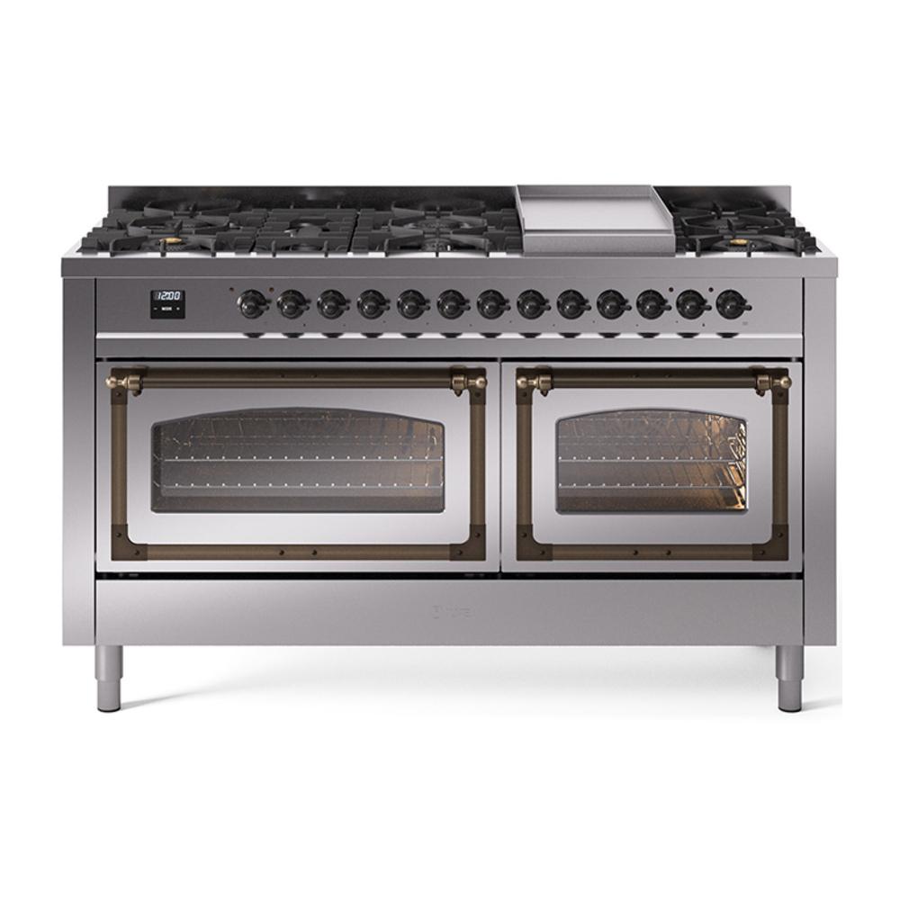 Ilve UN60FNMPSSBLP Ilve Un60Fnmpssblp Nostalgie Ii Noblesse 60" Dual Fuel Range (9 Sealed Burners + Griddle, Liquid Propane, Triple Glass Door, Stainless Steel, Burnished)