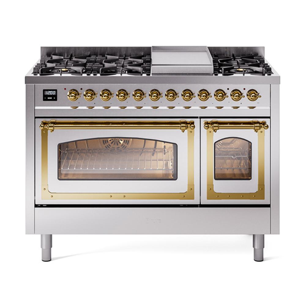 Ilve UN48FNMPSSGLP Ilve Un48Fnmpssglp Nostalgie Ii Noblesse 48" Dual Fuel Range (8 Sealed Burners + Griddle, Liquid Propane, Triple Glass Door, Stainless Steel, Brass)