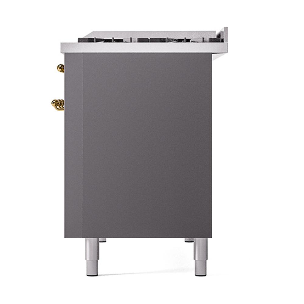 Ilve UN48FQNMPMGG Ilve Un48Fqnmpmgg Nostalgie Ii Noblesse 48" Dual Fuel Range (8 Sealed Burners + Griddle, Natural Gas, Solid Door, Graphite Matte, Brass)