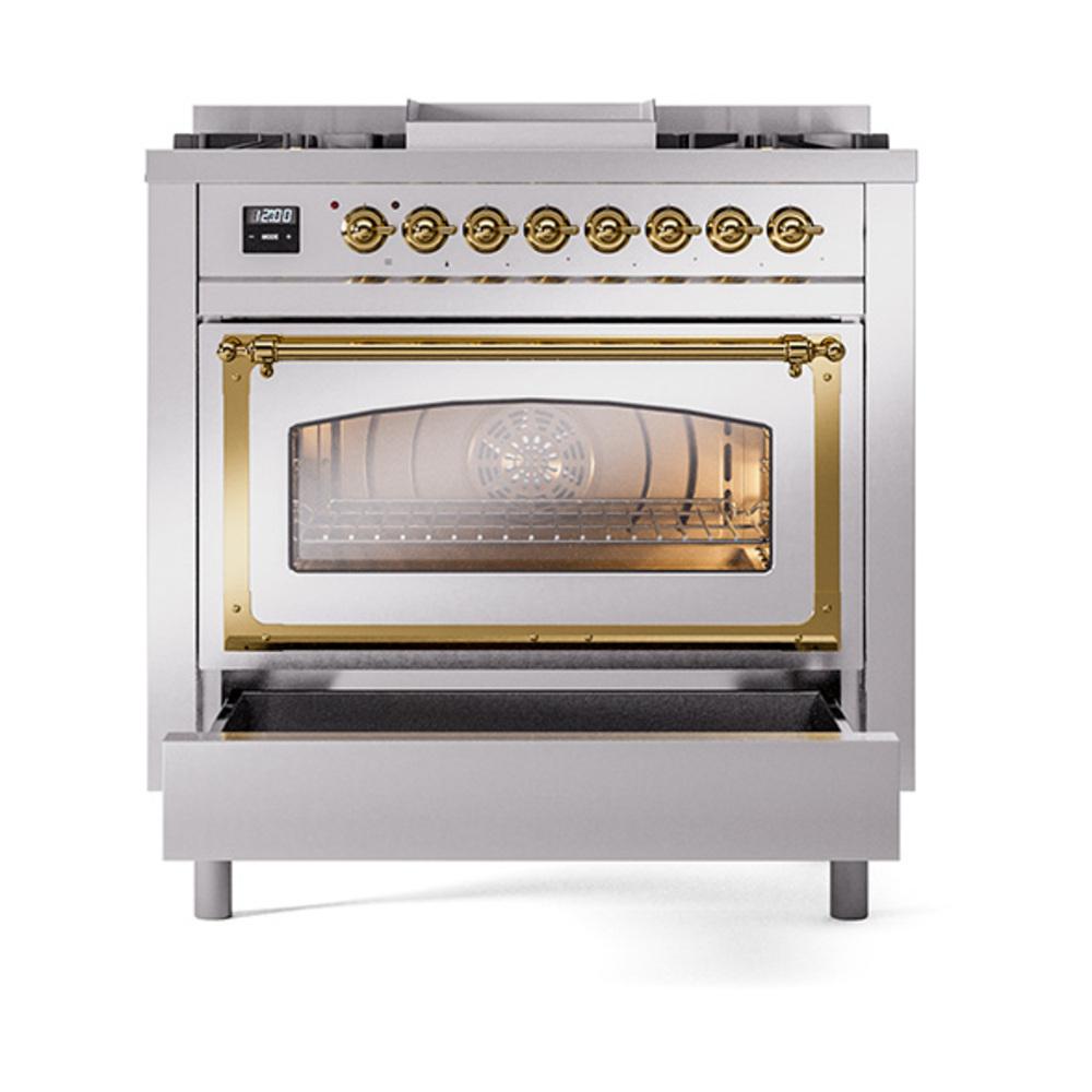 Ilve UN36FNMPSSG Ilve Un36Fnmpssg Nostalgie Ii Noblesse 36" Dual Fuel Range (Natural Gas, Triple Glass Door, Stainless Steel, Brass)