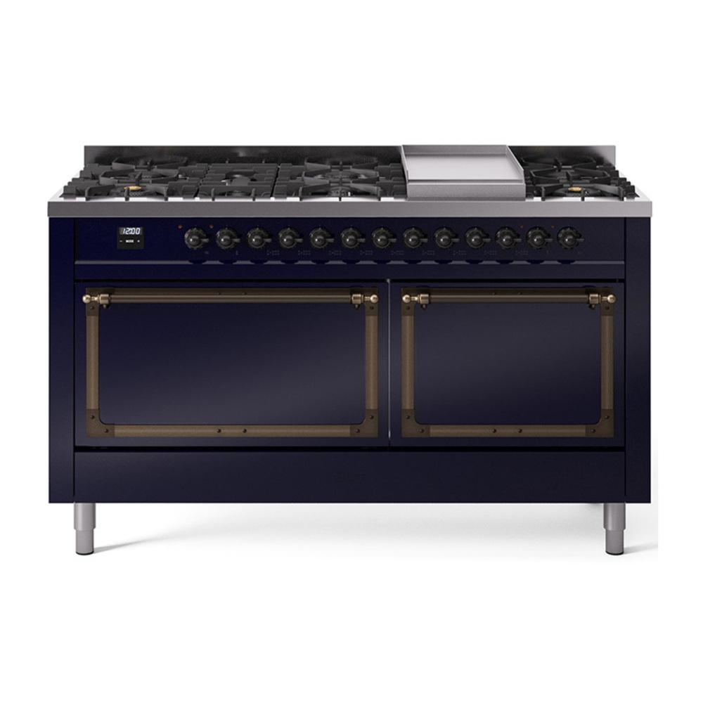 Ilve UN60FQNMPMBB Ilve Un60Fqnmpmbb Nostalgie Ii Noblesse 60" Dual Fuel Range (9 Sealed Burners + Griddle, Natural Gas, Solid Door, Midnight Blue, Burnished)