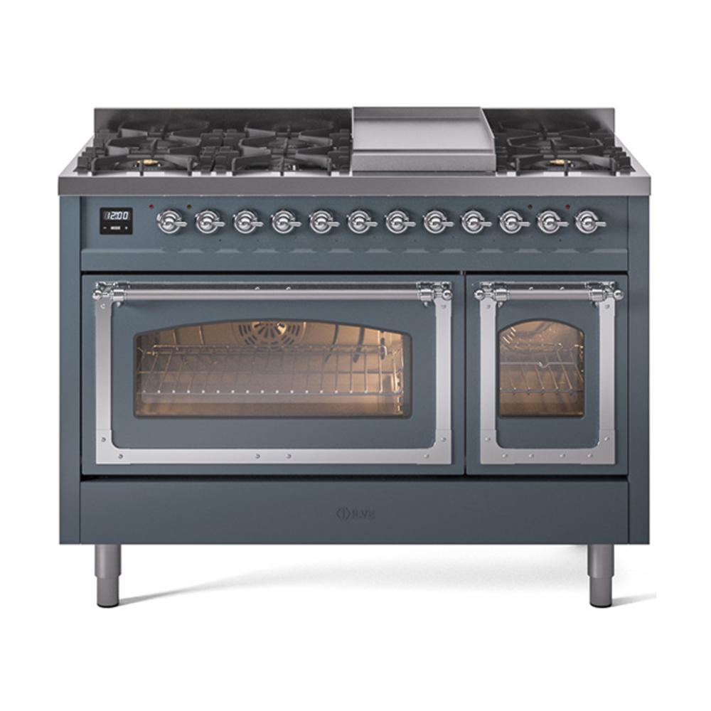Ilve UN48FNMPBGC Ilve Un48Fnmpbgc Nostalgie Ii Noblesse 48" Dual Fuel Range (8 Sealed Burners + Griddle, Natural Gas, Triple Glass Door, Blue Grey, Chrome)