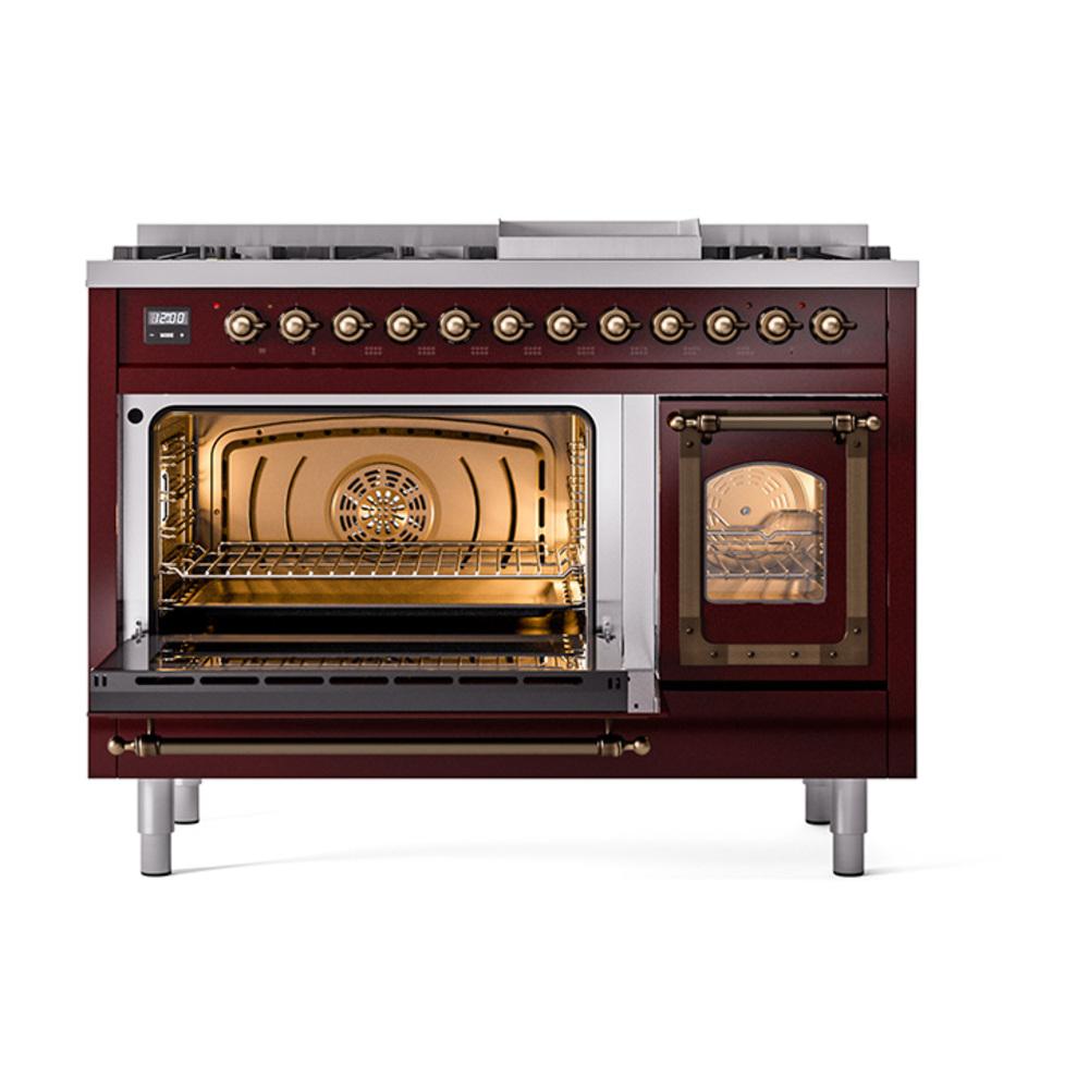 Ilve UN48FNMPBUB Ilve Un48Fnmpbub Nostalgie Ii Noblesse 48" Dual Fuel Range (8 Sealed Burners + Griddle, Natural Gas, Triple Glass Door, Burgundy, Burnished)