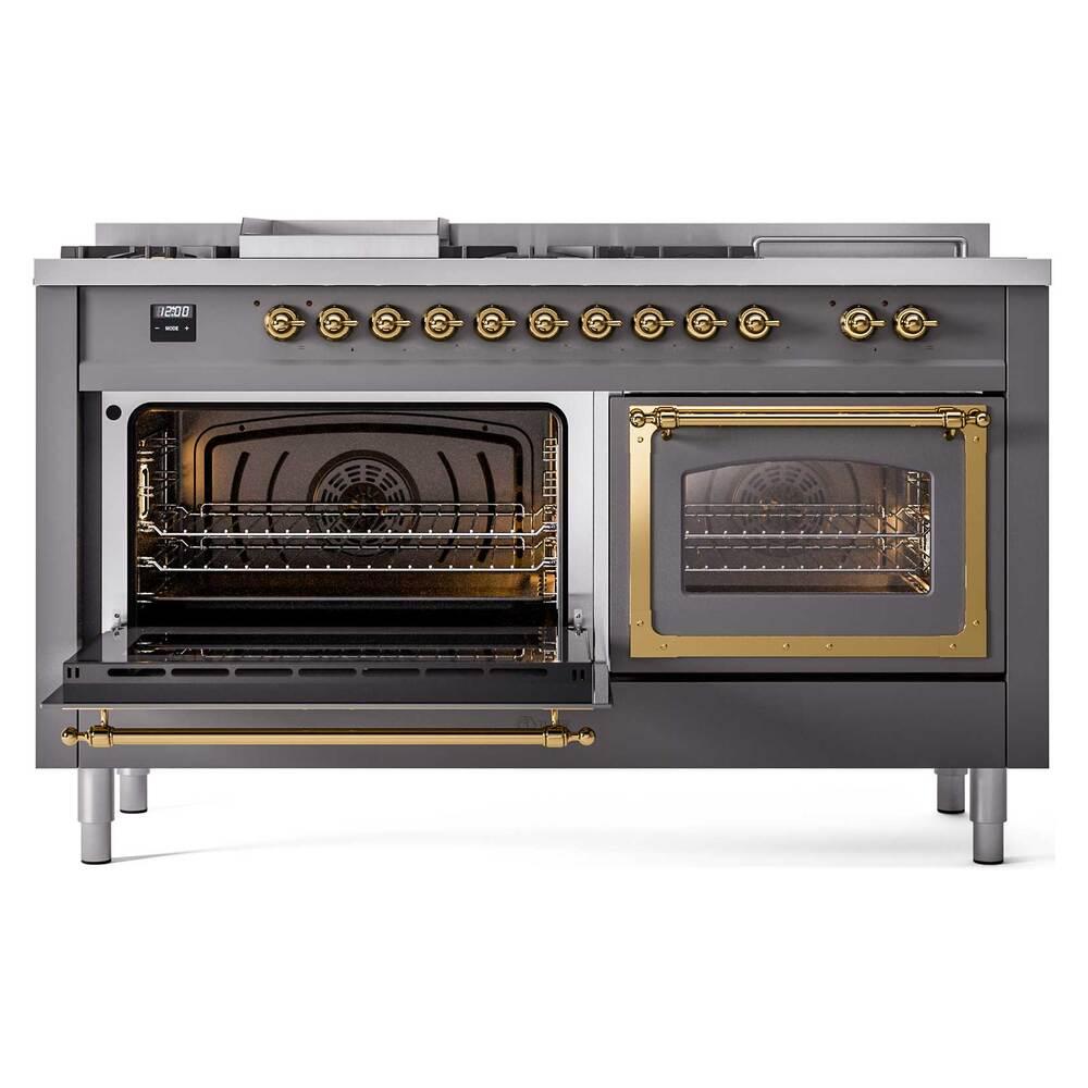 Ilve UN60FSNMPMGG Ilve Un60Fsnmpmgg Nostalgie Ii Noblesse 60" Dual Fuel Range (7 Sealed Burners + Griddle + French Top, Natural Gas, Triple Glass Door, Graphite Matte, Brass)