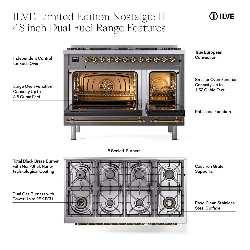 Ilve UP488NMPWHGLP Ilve Up488Nmpwhglp Nostalgie Ii 48 Inch Dual Fuel Range With 8 Total Black Brass Sealed Burners, Brass Trim (Limited Edition) (Liquid Propane, White)