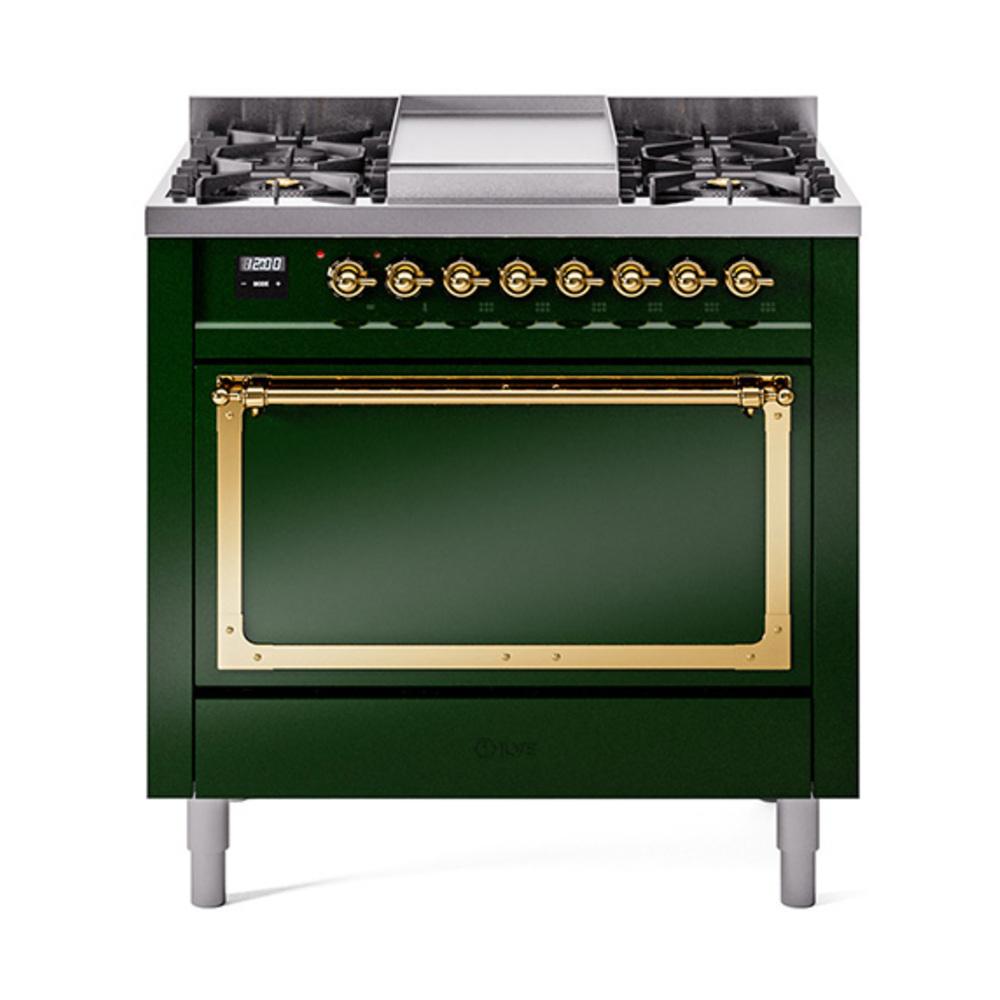 Ilve UN36FQNMPEGGLP Ilve Un36Fqnmpegglp Nostalgie Ii Noblesse 36" Dual Fuel Range (Liquid Propane, Solid Door, Emerald Green, Brass)