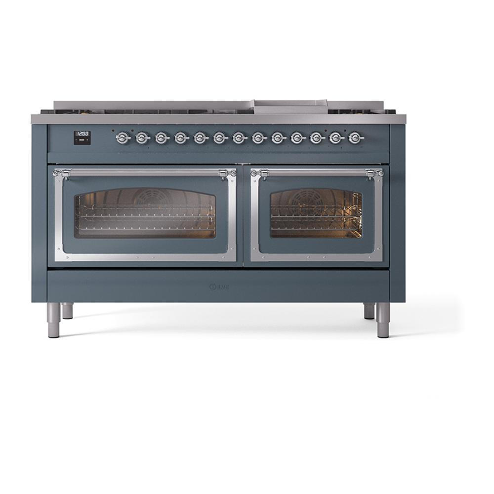 Ilve UN60FNMPBGCLP Ilve Un60Fnmpbgclp Nostalgie Ii Noblesse 60" Dual Fuel Range (9 Sealed Burners + Griddle, Liquid Propane, Triple Glass Door, Blue Grey, Chrome)