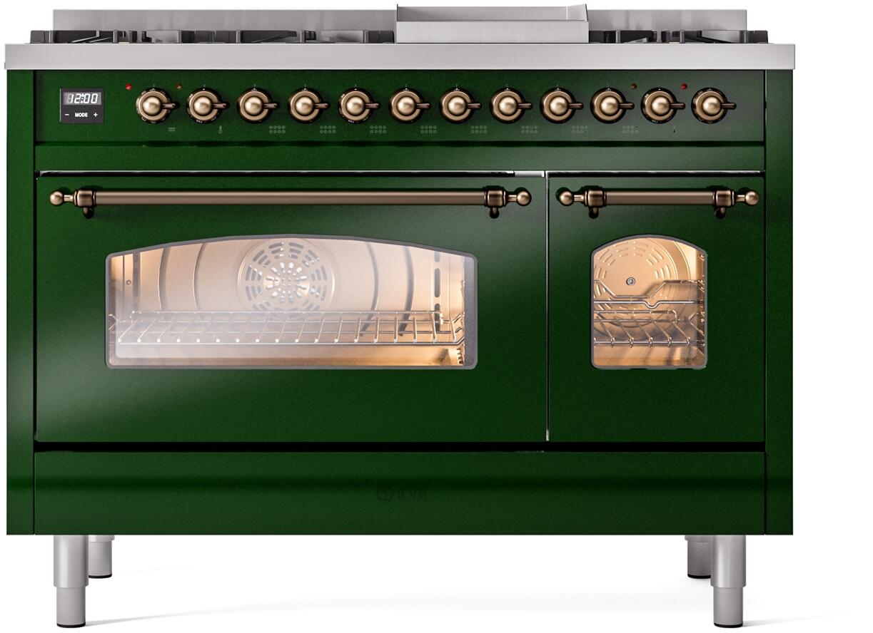 Ilve UP48FNMPEGBLP Nostalgie Ii 48 Inch Dual Fuel Liquid Propane Freestanding Range In Emerald Green With Bronze Trim