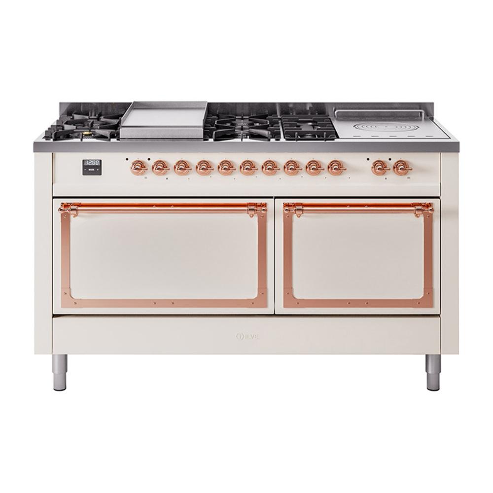 Ilve UN60FSQNMPAWP Ilve Un60Fsqnmpawp Nostalgie Ii Noblesse 60" Dual Fuel Range (7 Sealed Burners + Griddle + French Top, Natural Gas, Solid Door, Antique White, Copper)