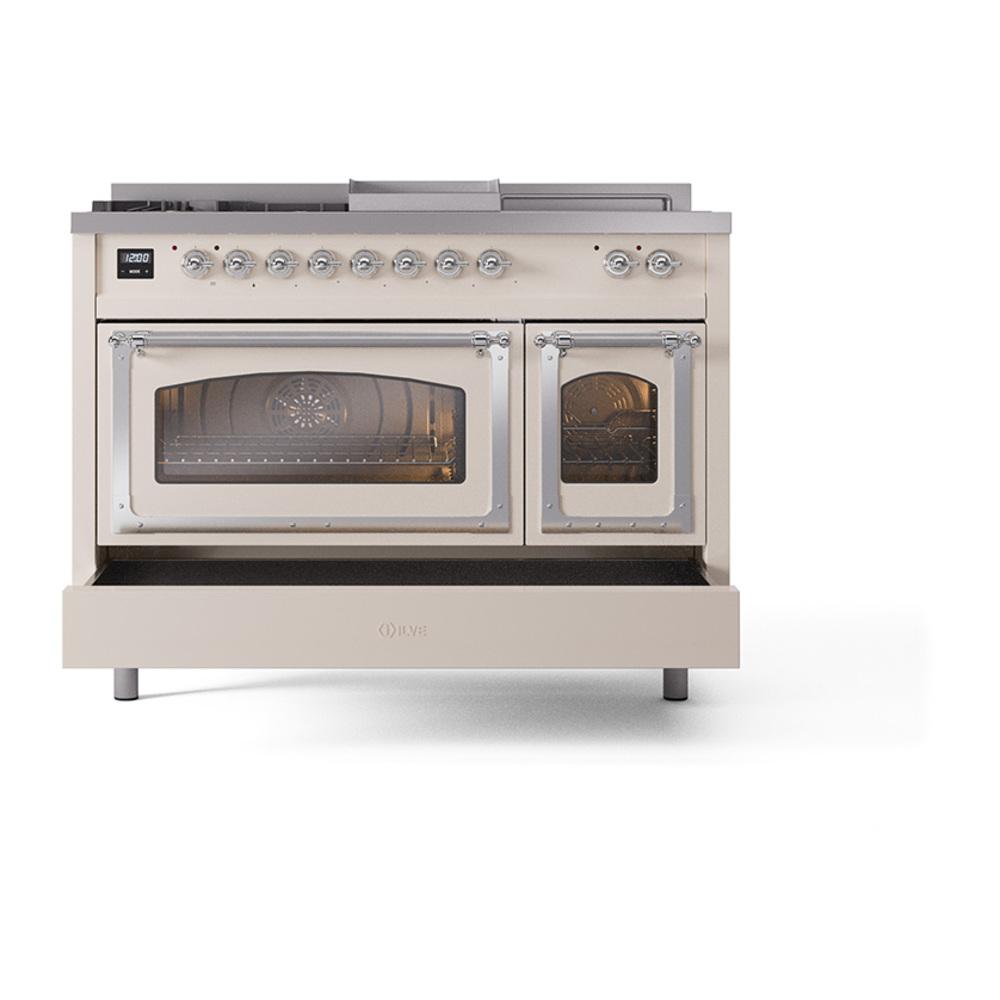 Ilve UN48FSNMPAWC Ilve Un48Fsnmpawc Nostalgie Ii Noblesse 48" Dual Fuel Range (5 Sealed Burners + Griddle + French Top, Natural Gas, Triple Glass Door, Antique White, Chrome)