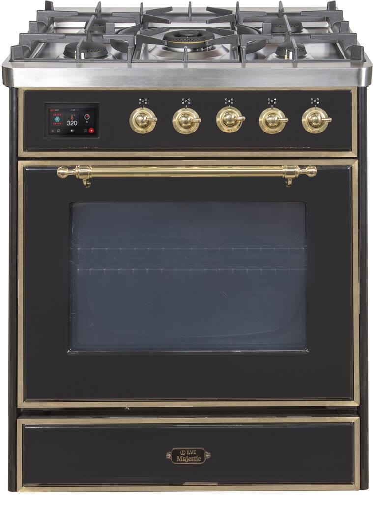 Ilve UM30DNE3BKGLP Majestic Ii 30 Inch Dual Fuel Liquid Propane Freestanding Range In Glossy Black With Brass Trim