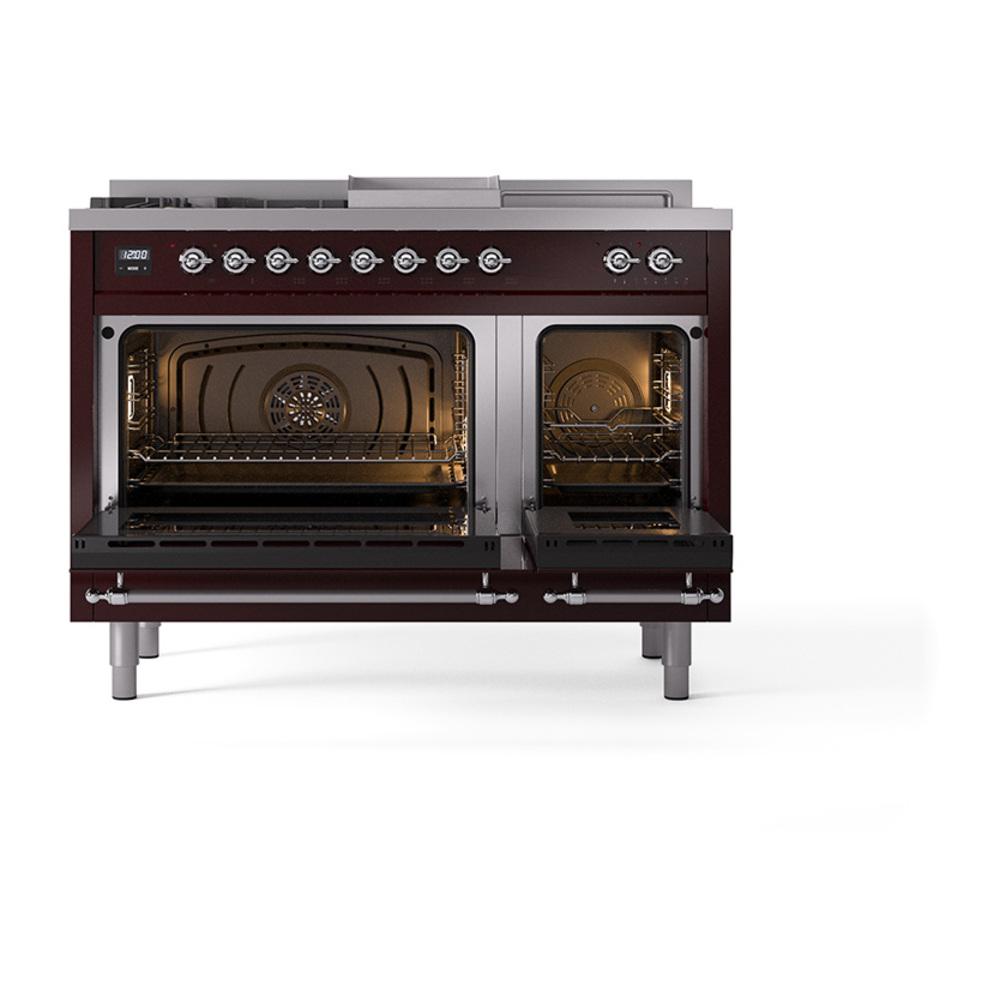 Ilve UN48FSNMPBUCLP Ilve Un48Fsnmpbuclp Nostalgie Ii Noblesse 48" Dual Fuel Range (5 Sealed Burners + Griddle + French Top, Liquid Propane, Triple Glass Door, Burgundy, Chrome)