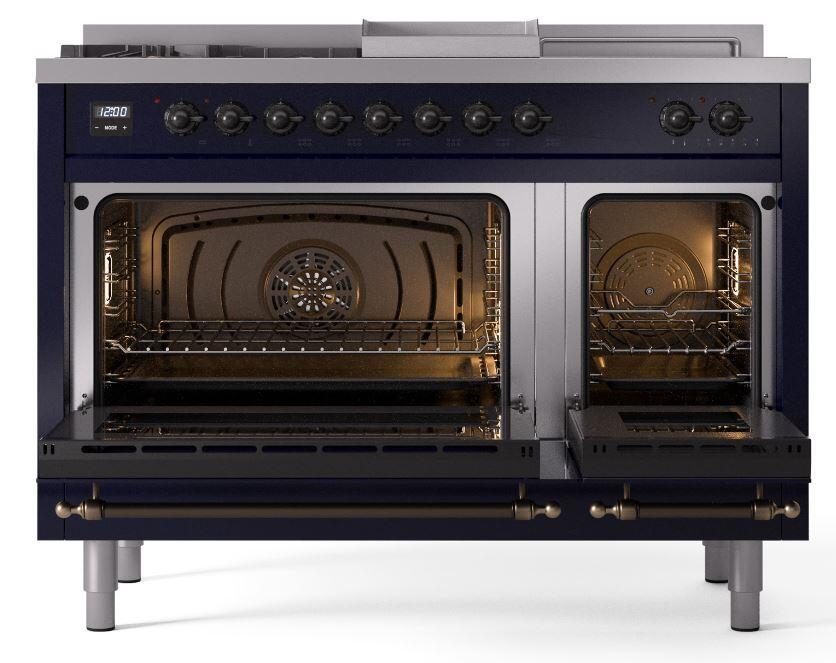 Ilve UP48FSNMPMBB Nostalgie Ii 48 Inch Dual Fuel Natural Gas Freestanding Range In Blue With Bronze Trim