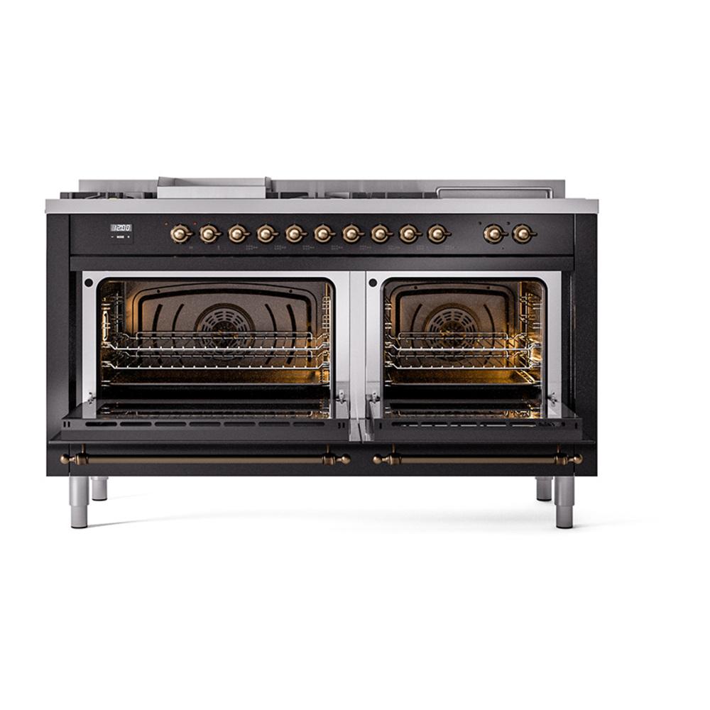 Ilve UN60FSNMPBKB Ilve Un60Fsnmpbkb Nostalgie Ii Noblesse 60" Dual Fuel Range (7 Sealed Burners + Griddle + French Top, Natural Gas, Triple Glass Door, Glossy Black, Burnished)
