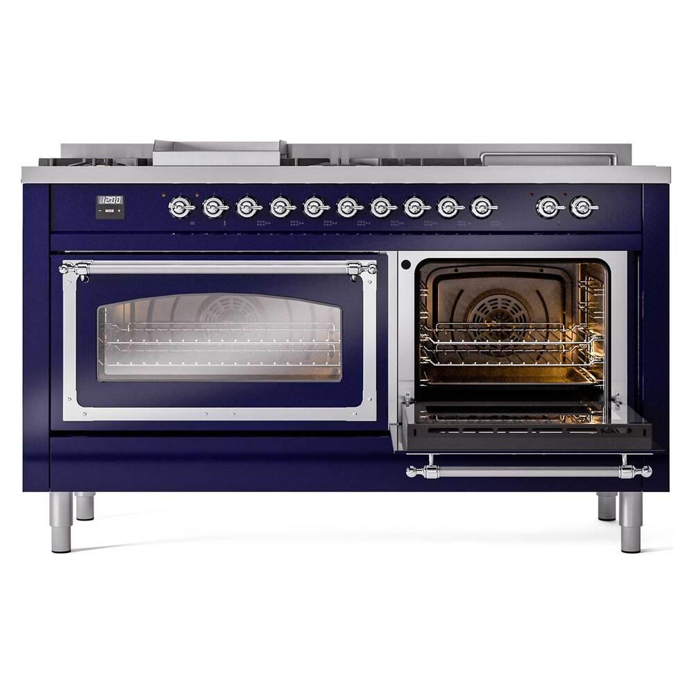 Ilve UN60FSNMPMBC Ilve Un60Fsnmpmbc Nostalgie Ii Noblesse 60" Dual Fuel Range (7 Sealed Burners + Griddle + French Top, Natural Gas, Triple Glass Door, Midnight Blue, Chrome)