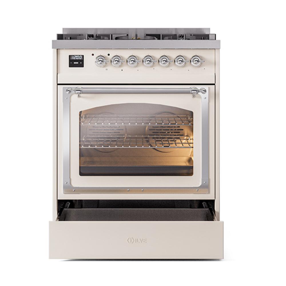 Ilve UN30NMPAWC Ilve Un30Nmpawc Nostalgie Ii Noblesse 30" Dual Fuel Range (Natural Gas, Triple Glass Door, Antique White, Chrome)