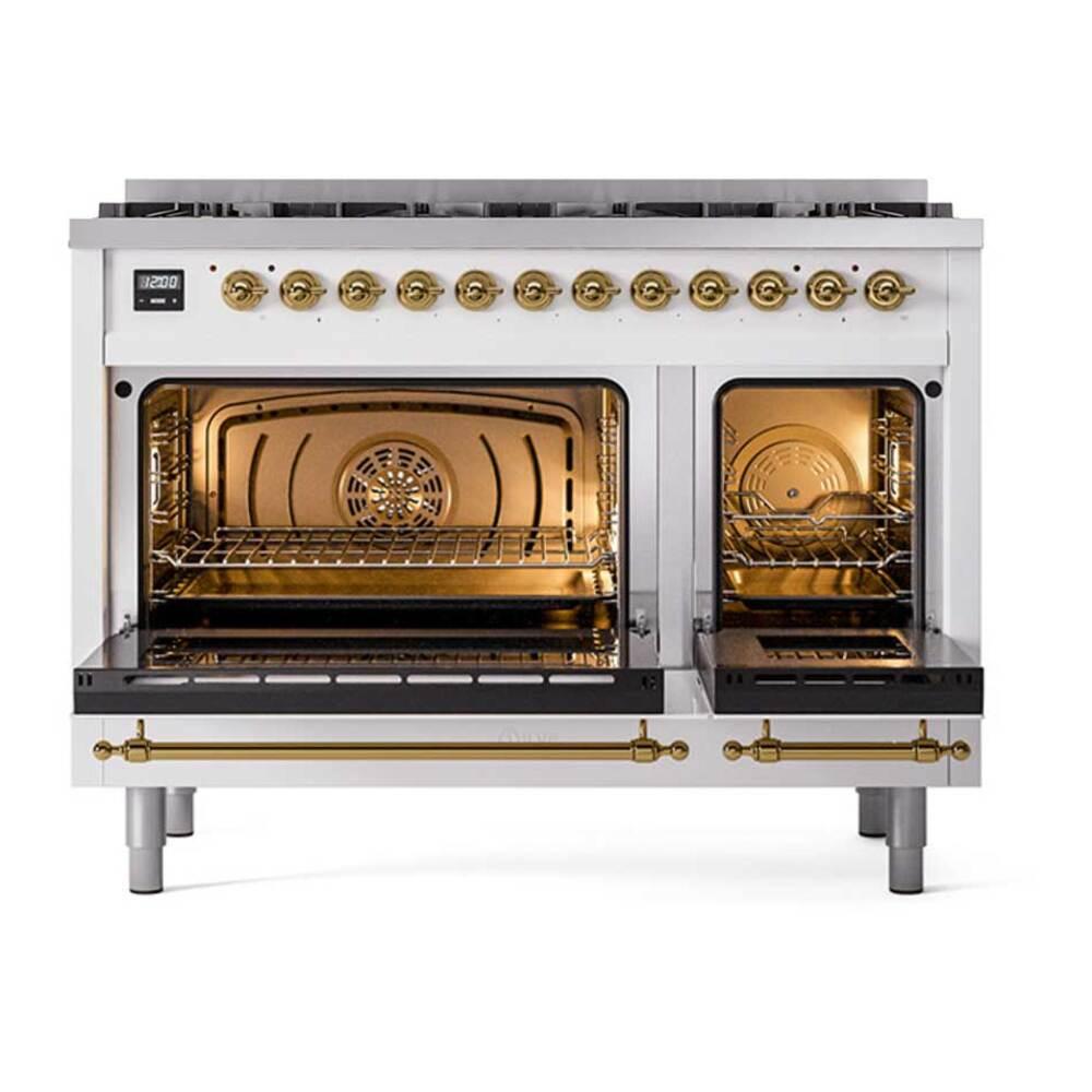 Ilve UP488NMPWHGLP Ilve Up488Nmpwhglp Nostalgie Ii 48 Inch Dual Fuel Range With 8 Total Black Brass Sealed Burners, Brass Trim (Limited Edition) (Liquid Propane, White)