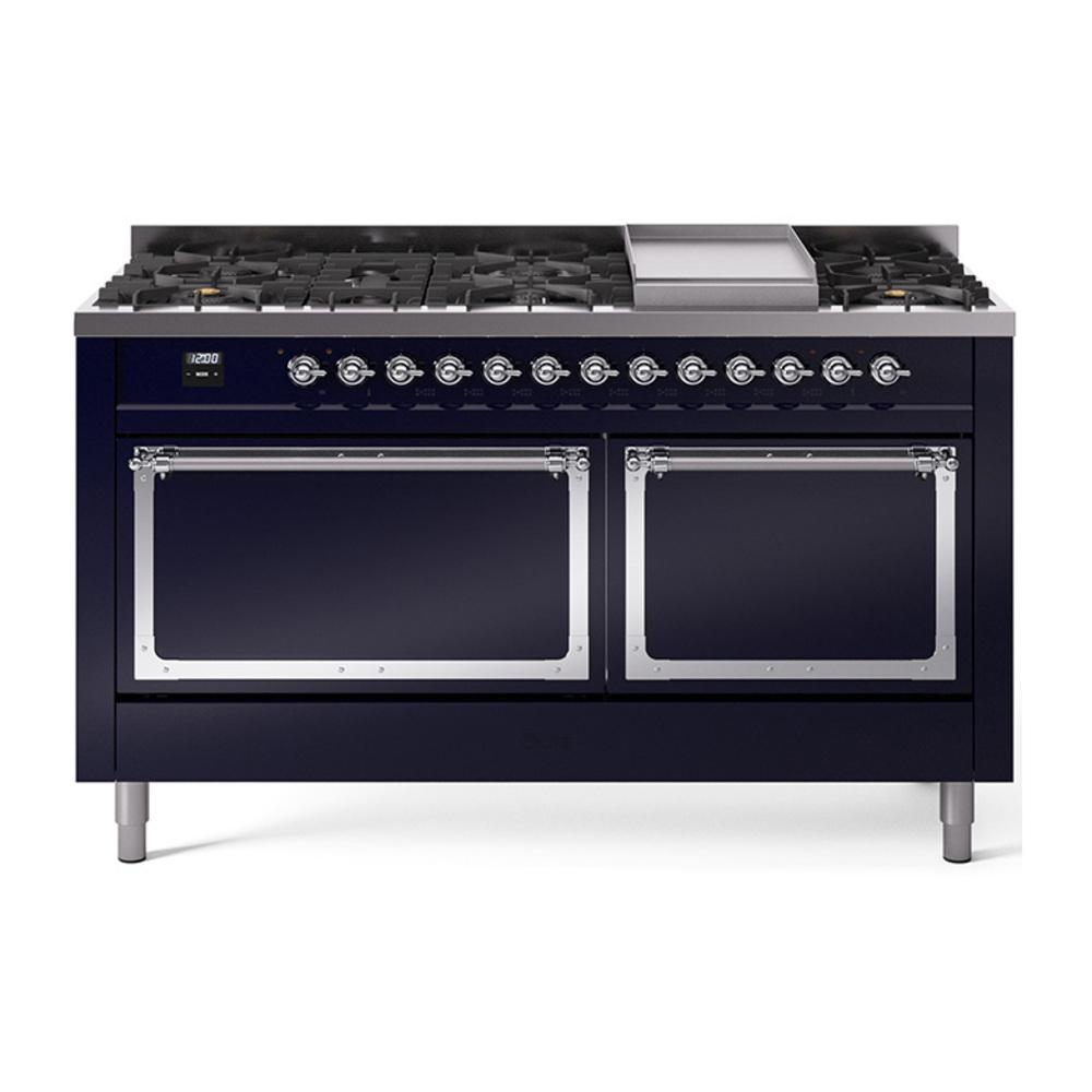 Ilve UN60FQNMPMBCLP Ilve Un60Fqnmpmbclp Nostalgie Ii Noblesse 60" Dual Fuel Range (9 Sealed Burners + Griddle, Liquid Propane, Solid Door, Midnight Blue, Chrome)