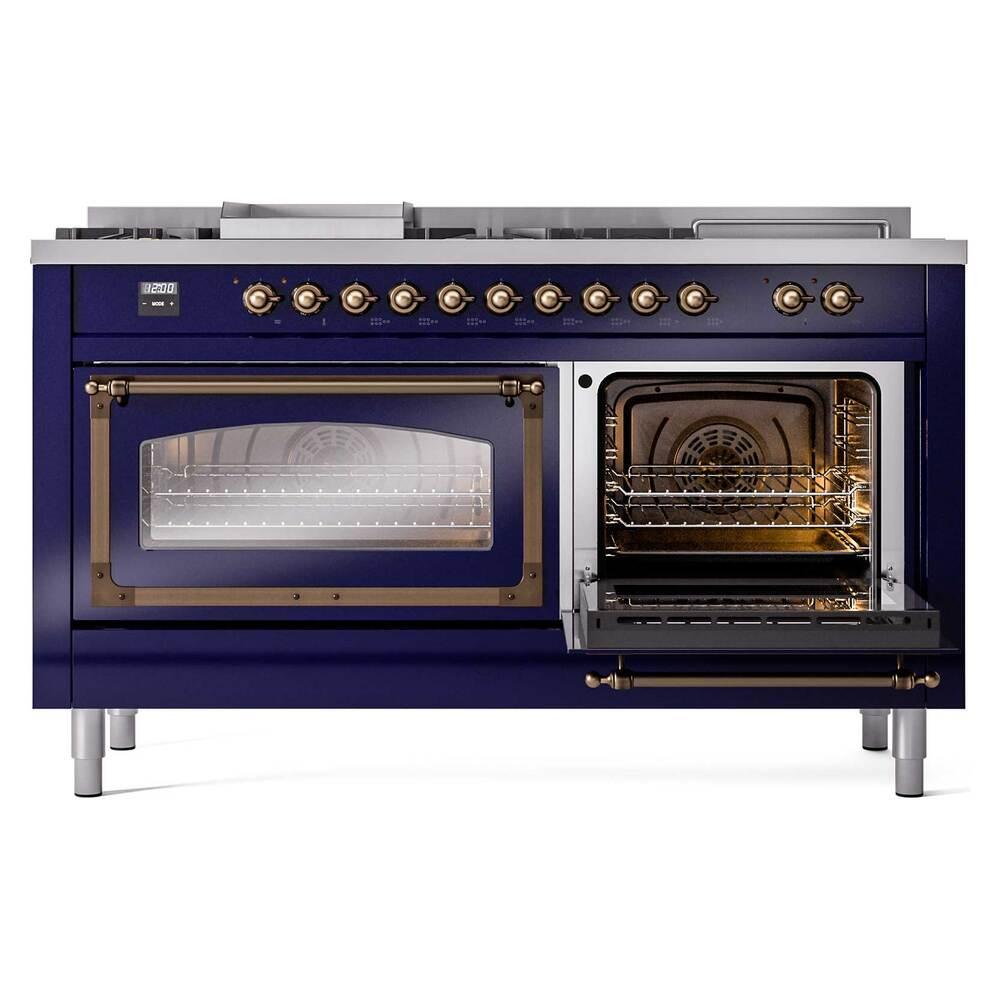 Ilve UN60FSNMPMBBLP Ilve Un60Fsnmpmbblp Nostalgie Ii Noblesse 60" Dual Fuel Range (7 Sealed Burners + Griddle + French Top, Liquid Propane, Triple Glass Door, Midnight Blue, Burnished)
