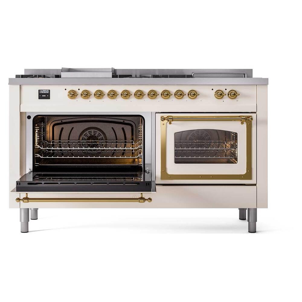 Ilve UN60FSNMPAWGLP Ilve Un60Fsnmpawglp Nostalgie Ii Noblesse 60" Dual Fuel Range (7 Sealed Burners + Griddle + French Top, Liquid Propane, Triple Glass Door, Antique White, Brass)