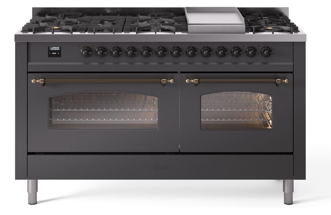 Ilve UP60FNMPMGBLP Nostalgie Ii 60 Inch Dual Fuel Liquid Propane Freestanding Range In Matte Graphite With Bronze Trim