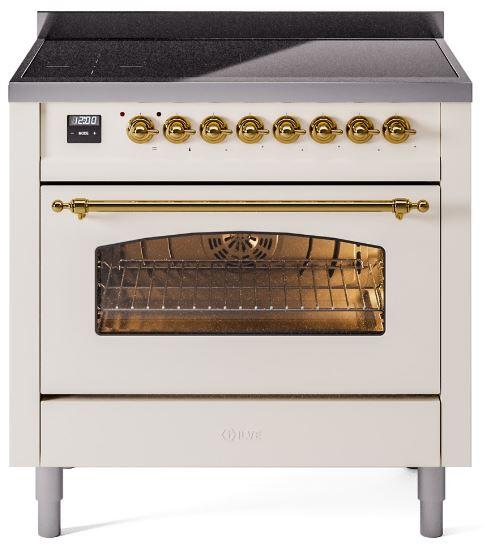 Ilve UPI366NMPAWG Nostalgie Ii 36 Inch Electric Freestanding Range In Antique White With Brass Trim
