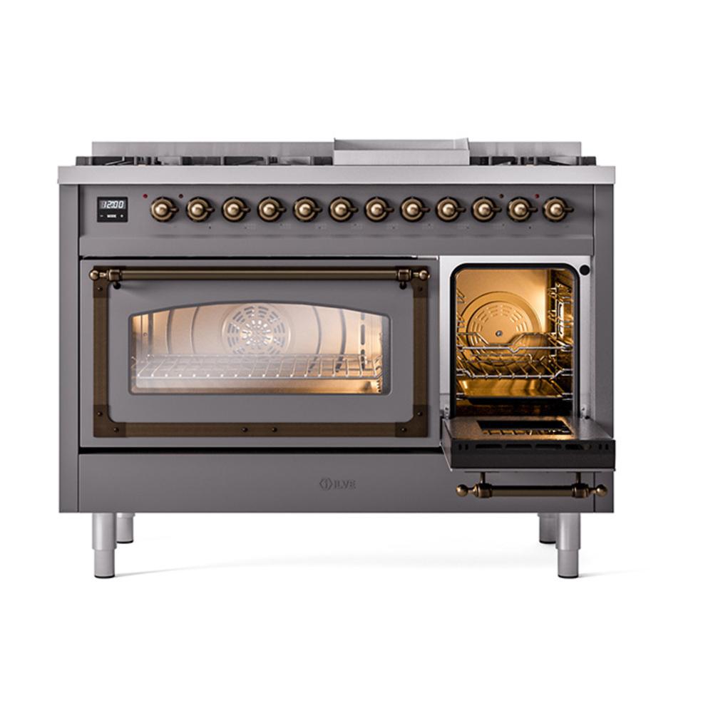 Ilve UN48FNMPMGB Ilve Un48Fnmpmgb Nostalgie Ii Noblesse 48" Dual Fuel Range (8 Sealed Burners + Griddle, Natural Gas, Triple Glass Door, Graphite Matte, Burnished)