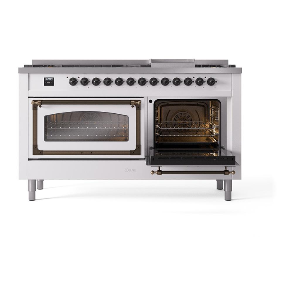 Ilve UN60FNMPWHBLP Ilve Un60Fnmpwhblp Nostalgie Ii Noblesse 60" Dual Fuel Range (9 Sealed Burners + Griddle, Liquid Propane, Triple Glass Door, White, Burnished)
