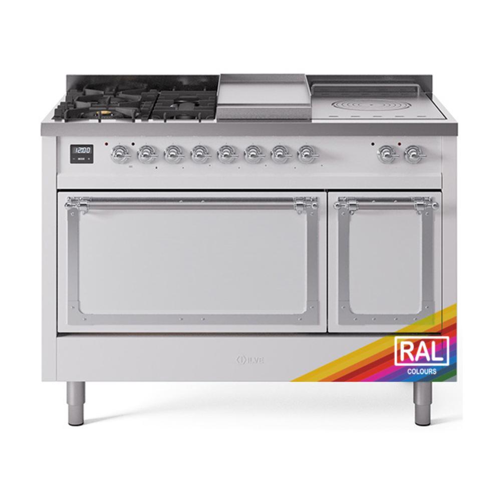 Ilve UN48FSQNMPRAC Ilve Un48Fsqnmprac Nostalgie Ii Noblesse 48" Dual Fuel Range (5 Sealed Burners + Griddle + French Top, Natural Gas, Solid Door, Ral, Chrome)