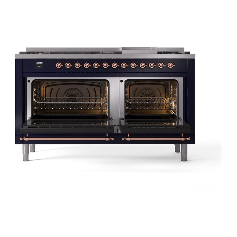 Ilve UN60FNMPMBP Ilve Un60Fnmpmbp Nostalgie Ii Noblesse 60" Dual Fuel Range (9 Sealed Burners + Griddle, Natural Gas, Triple Glass Door, Midnight Blue, Copper)