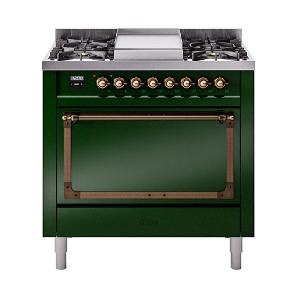 Ilve UN36FQNMPEGB Ilve Un36Fqnmpegb Nostalgie Ii Noblesse 36" Dual Fuel Range (Natural Gas, Solid Door, Emerald Green, Burnished)