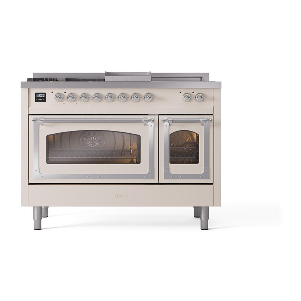 Ilve UN48FSNMPAWC Ilve Un48Fsnmpawc Nostalgie Ii Noblesse 48" Dual Fuel Range (5 Sealed Burners + Griddle + French Top, Natural Gas, Triple Glass Door, Antique White, Chrome)