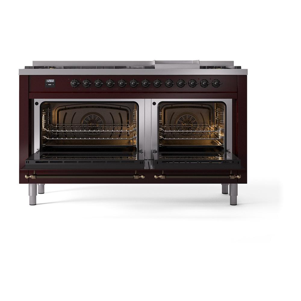 Ilve UN60FQNMPBUB Ilve Un60Fqnmpbub Nostalgie Ii Noblesse 60" Dual Fuel Range (9 Sealed Burners + Griddle, Natural Gas, Solid Door, Burgundy, Burnished)