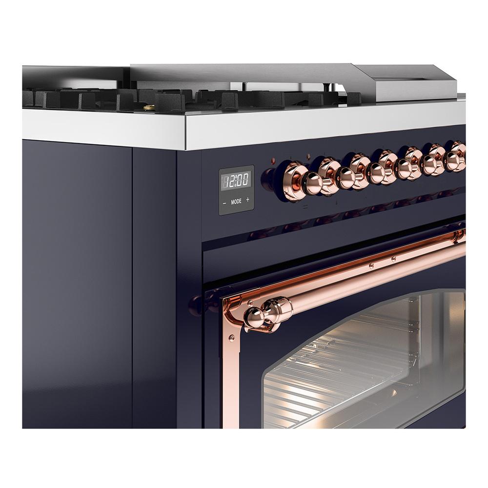 Ilve UN48FSNMPMBP Ilve Un48Fsnmpmbp Nostalgie Ii Noblesse 48" Dual Fuel Range (5 Sealed Burners + Griddle + French Top, Natural Gas, Triple Glass Door, Midnight Blue, Copper)