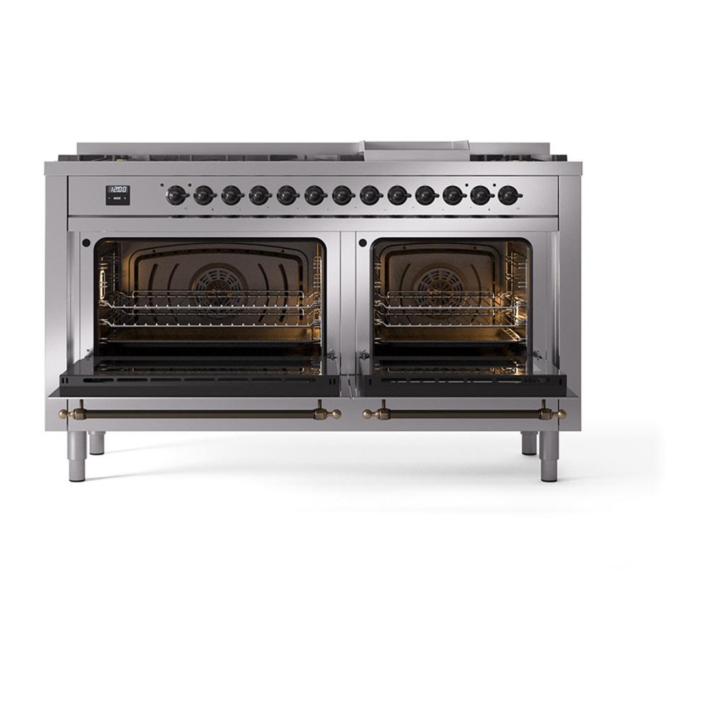 Ilve UN60FQNMPSSBLP Ilve Un60Fqnmpssblp Nostalgie Ii Noblesse 60" Dual Fuel Range (9 Sealed Burners + Griddle, Liquid Propane, Solid Door, Stainless Steel, Burnished)