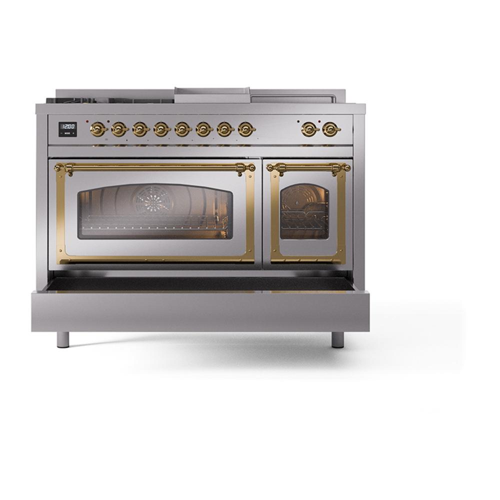 Ilve UN48FSNMPSSG Ilve Un48Fsnmpssg Nostalgie Ii Noblesse 48" Dual Fuel Range (5 Sealed Burners + Griddle + French Top, Natural Gas, Triple Glass Door, Stainless Steel, Brass)