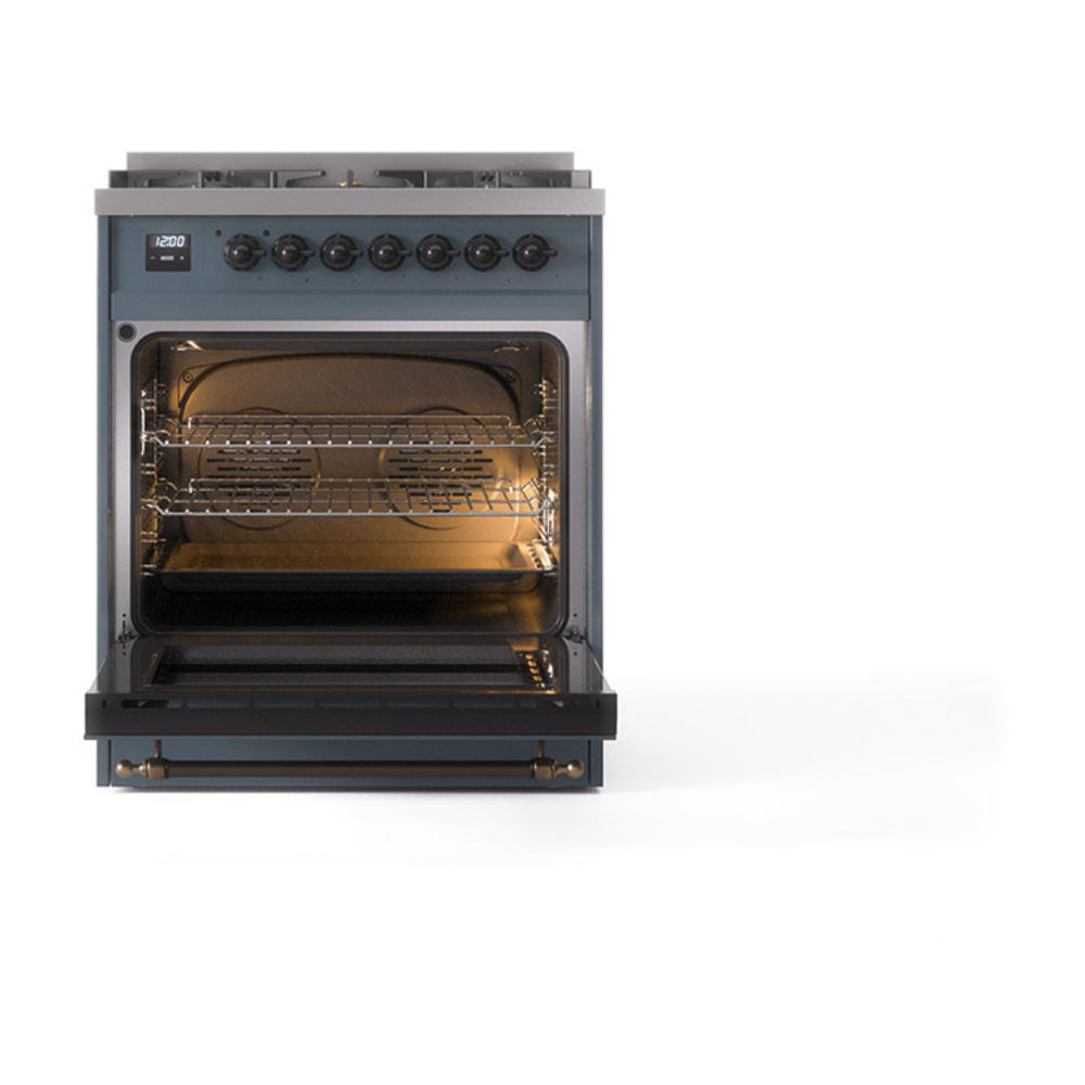 Ilve UN30NMPBGB Ilve Un30Nmpbgb Nostalgie Ii Noblesse 30" Dual Fuel Range (Natural Gas, Triple Glass Door, Blue Grey, Burnished)