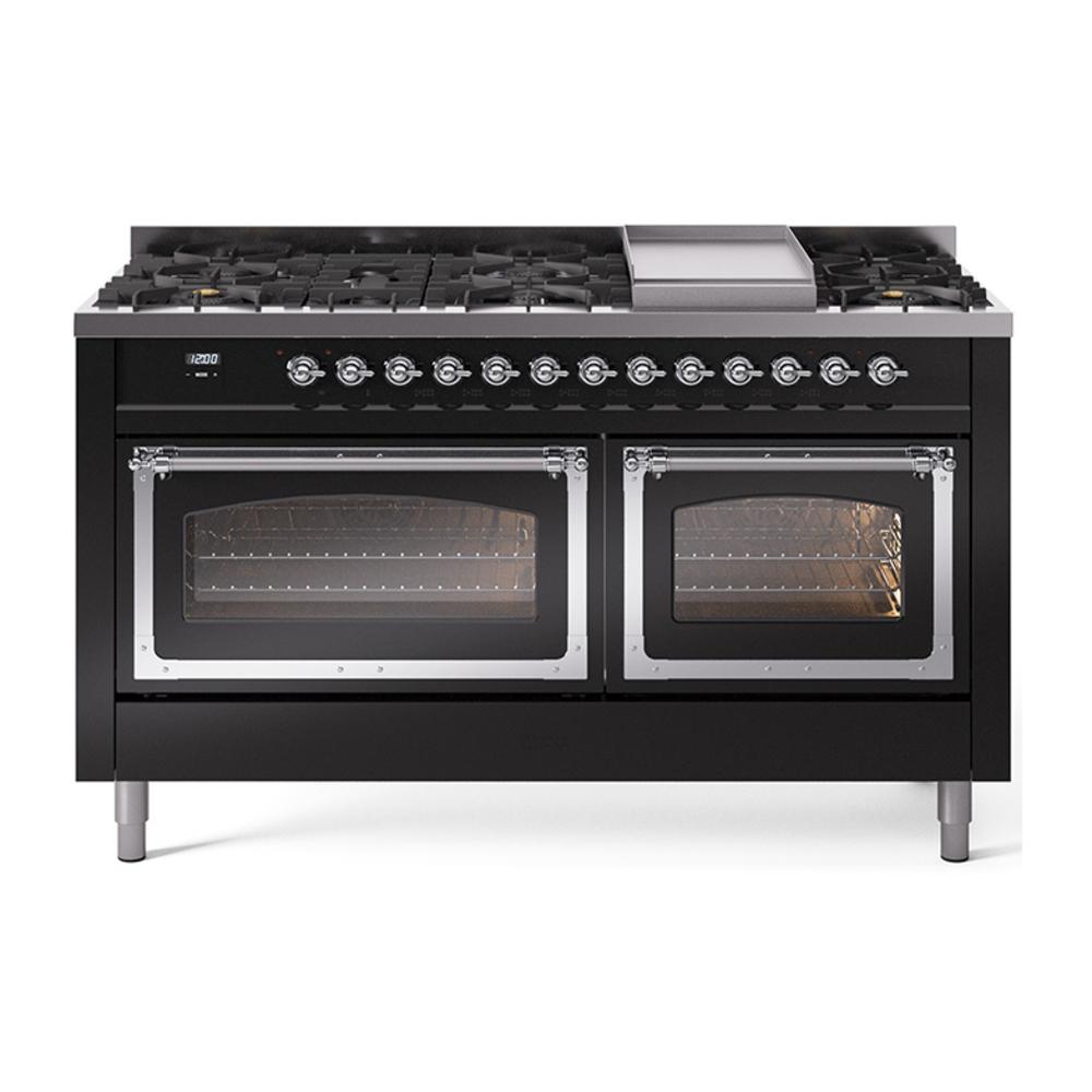 Ilve UN60FNMPBKCLP Ilve Un60Fnmpbkclp Nostalgie Ii Noblesse 60" Dual Fuel Range (9 Sealed Burners + Griddle, Liquid Propane, Triple Glass Door, Glossy Black, Chrome)