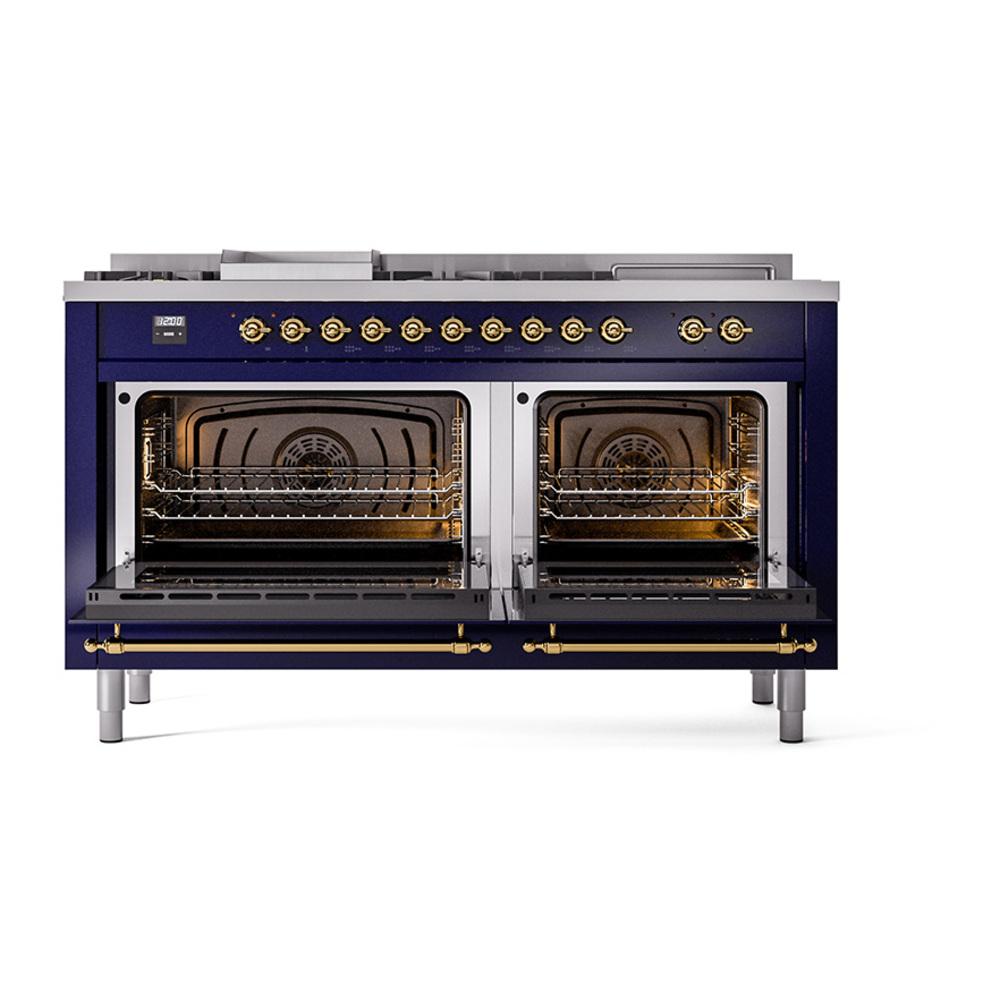 Ilve UN60FSQNMPMBGLP Ilve Un60Fsqnmpmbglp Nostalgie Ii Noblesse 60" Dual Fuel Range (7 Sealed Burners + Griddle + French Top, Liquid Propane, Solid Door, Midnight Blue, Brass)