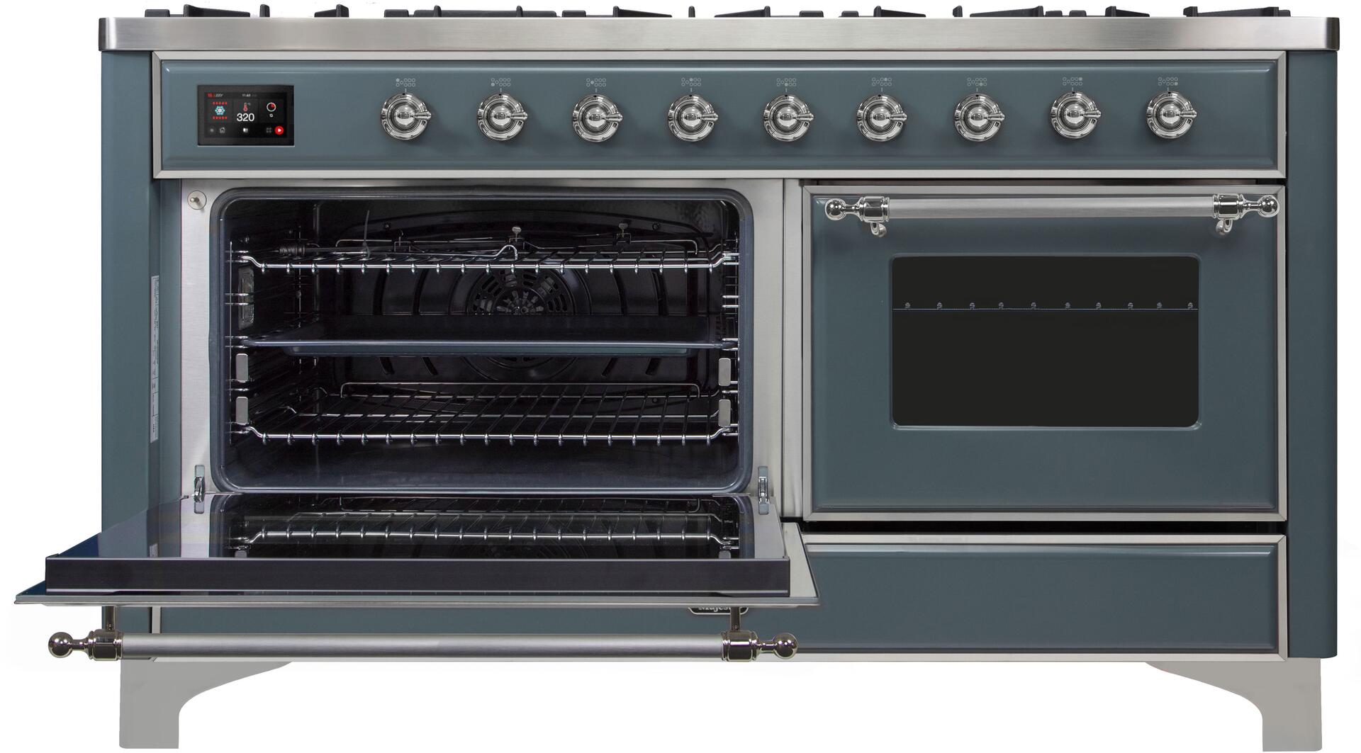 Ilve UM15FDNS3BGCLP Majestic Ii 60 Inch Dual Fuel Liquid Propane Freestanding Range In Blue Grey With Chrome Trim