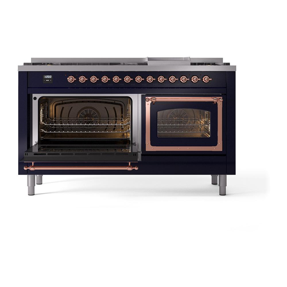 Ilve UN60FNMPMBP Ilve Un60Fnmpmbp Nostalgie Ii Noblesse 60" Dual Fuel Range (9 Sealed Burners + Griddle, Natural Gas, Triple Glass Door, Midnight Blue, Copper)