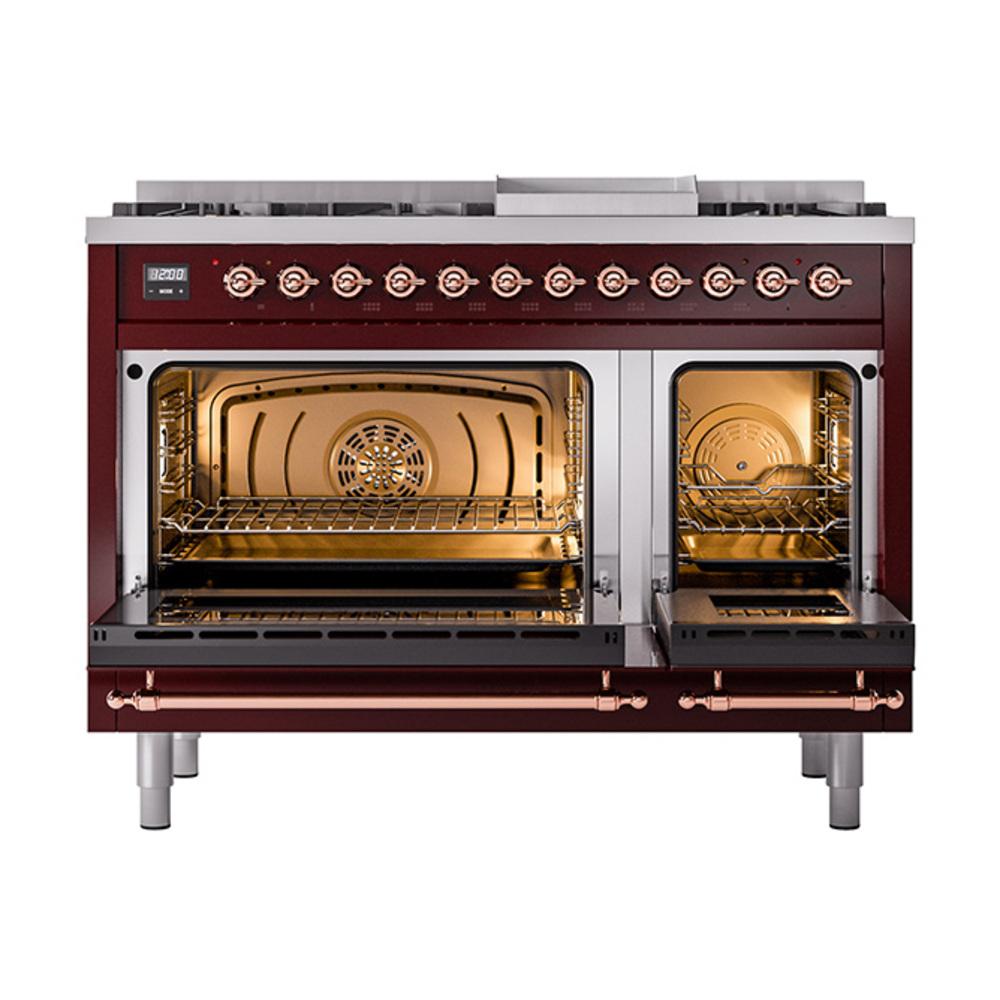 Ilve UN48FQNMPBUPLP Ilve Un48Fqnmpbuplp Nostalgie Ii Noblesse 48" Dual Fuel Range (8 Sealed Burners + Griddle, Liquid Propane, Solid Door, Burgundy, Copper)
