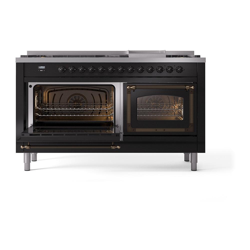 Ilve UN60FNMPBKB Ilve Un60Fnmpbkb Nostalgie Ii Noblesse 60" Dual Fuel Range (9 Sealed Burners + Griddle, Natural Gas, Triple Glass Door, Glossy Black, Burnished)