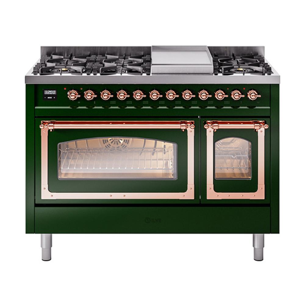Ilve UN48FNMPEGP Ilve Un48Fnmpegp Nostalgie Ii Noblesse 48" Dual Fuel Range (8 Sealed Burners + Griddle, Natural Gas, Triple Glass Door, Emerald Green, Copper)
