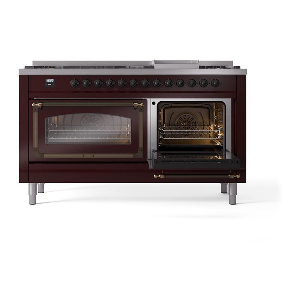 Ilve UN60FNMPBUBLP Ilve Un60Fnmpbublp Nostalgie Ii Noblesse 60" Dual Fuel Range (9 Sealed Burners + Griddle, Liquid Propane, Triple Glass Door, Burgundy, Burnished)