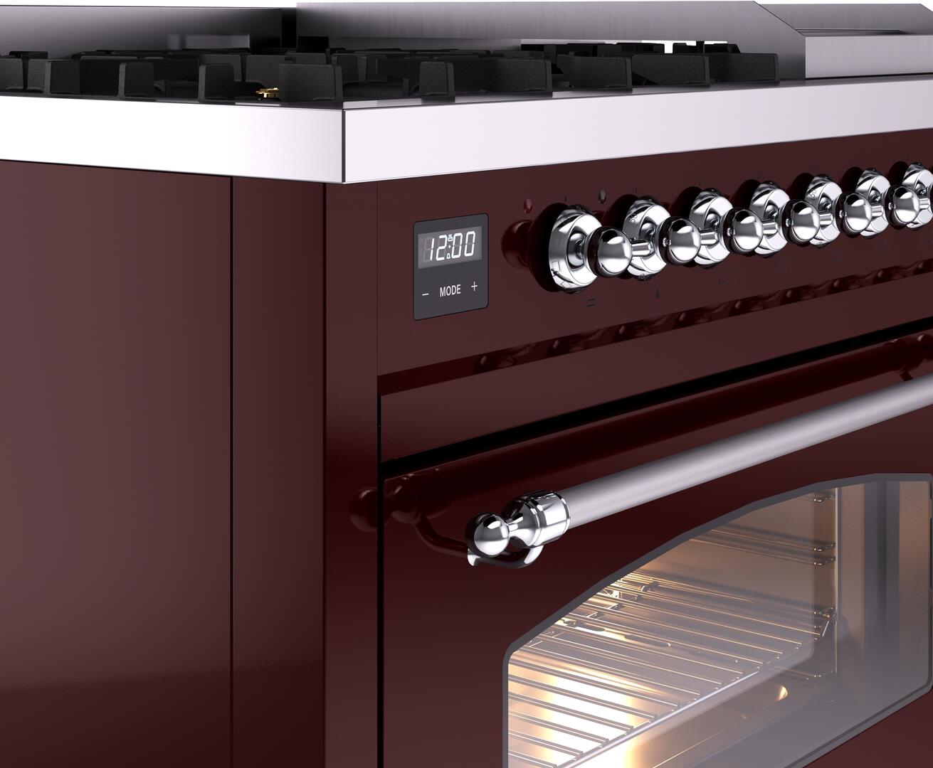 Ilve UP48FNMPBUC Nostalgie Ii 48 Inch Dual Fuel Natural Gas Freestanding Range In Burgundy With Chrome Trim